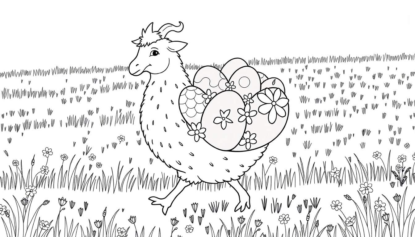 Ovelha com ovos de Páscoa decorados nas costas num campo com flores, a andar.