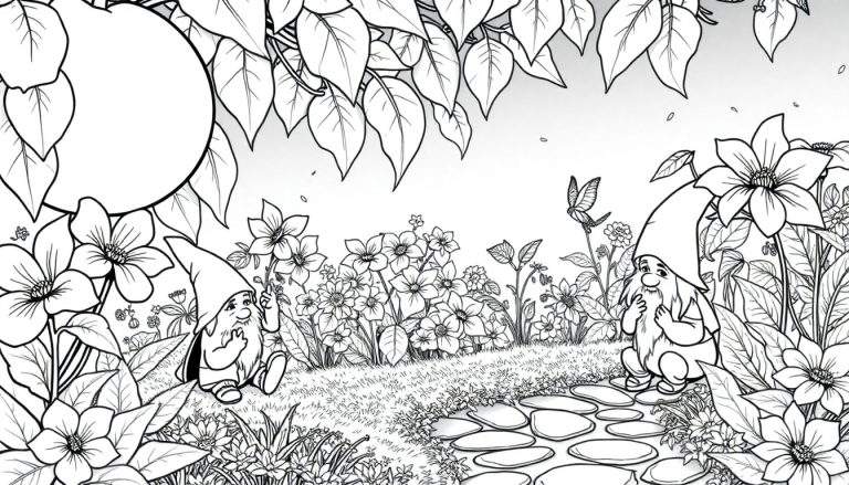 Um desenho a preto e branco de um jardim encantado com dois gnomos, flores e ramos de folhas, como um painel para colorir.