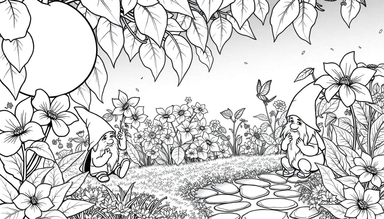 Um desenho a preto e branco de um jardim encantado com dois gnomos, flores e ramos de folhas, como um painel para colorir.