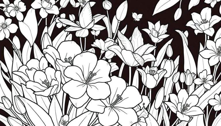 Um painel de colorir em preto e branco de um jardim de flores com um design gráfico. O painel de colorir mostra várias flores e folhas detalhadas em um fundo preto para realçar os contornos.