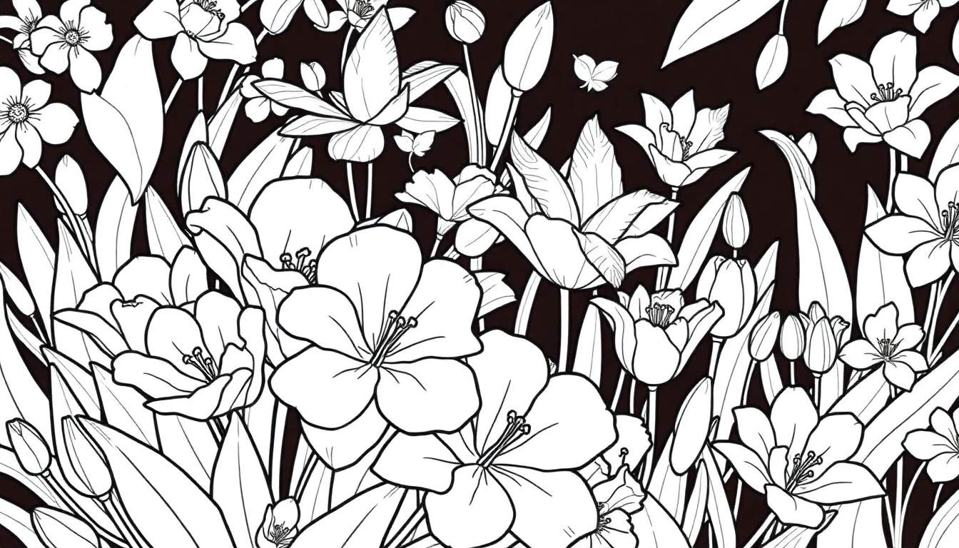 Um painel de colorir em preto e branco de um jardim de flores com um design gráfico. O painel de colorir mostra várias flores e folhas detalhadas em um fundo preto para realçar os contornos.