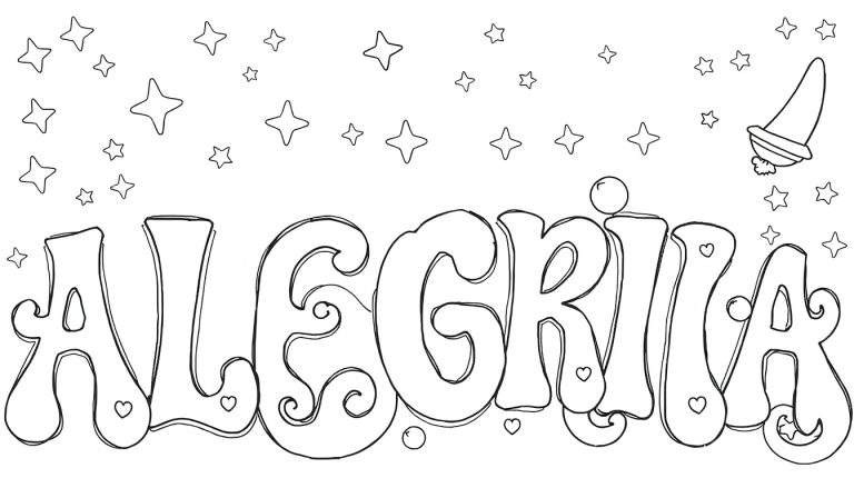 Ilustração em preto e branco de um céu noturno com estrelas, um chapéu de gnomo e a palavra 'ALEGRIA' em letras grandes e decoradas.