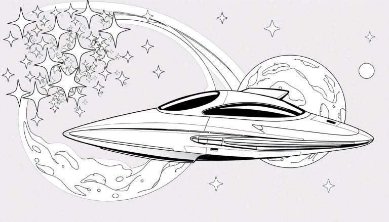 Desenho a preto e branco de uma nave espacial futurista num painel para colorir.