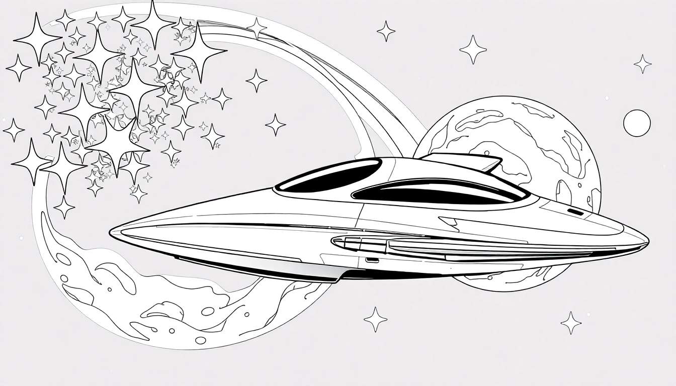 Desenho a preto e branco de uma nave espacial futurista num painel para colorir.