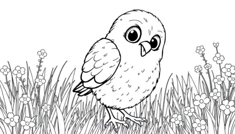 Pintinho pronto para colorir em um campo de flores e grama, um design para colorir.
