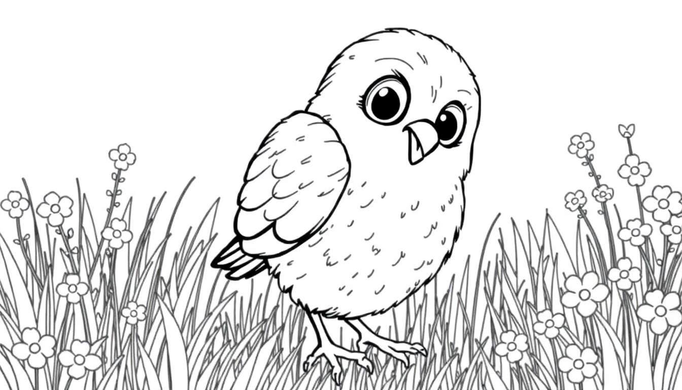 Pintinho pronto para colorir em um campo de flores e grama, um design para colorir.