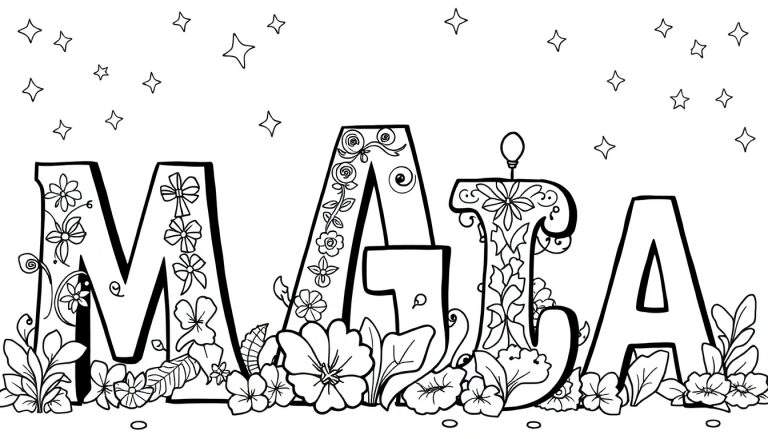 A palavra 'MAIA' escrita com letras grandes e decoradas, cheias de flores e espirais, sobre um fundo branco com estrelas. Um color panel vibrante para inspirar.
