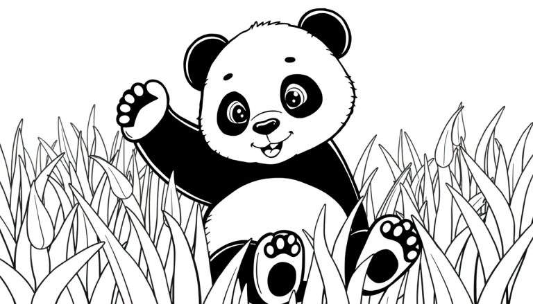 Um panda de desenho animado fofo sentado na grama, sorrindo e acenando, pronto para ser colorido com um color panel.