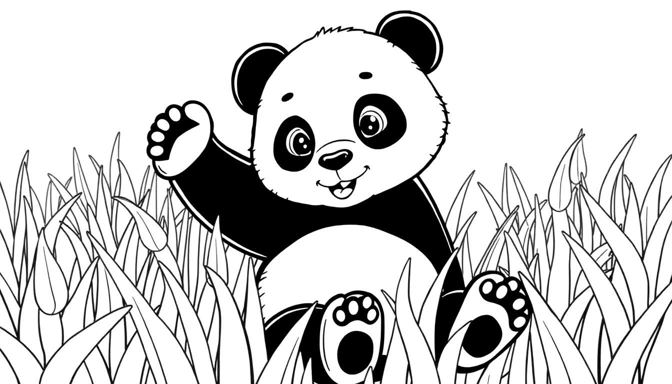 Um panda de desenho animado fofo sentado na grama, sorrindo e acenando, pronto para ser colorido com um color panel.