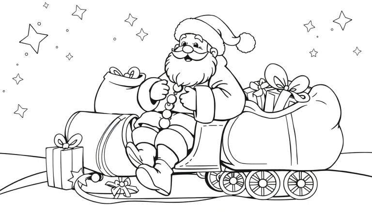 Papai Noel num trenó cheio de presentes, rodeado de estrelas, pronto para colorir num color panel.