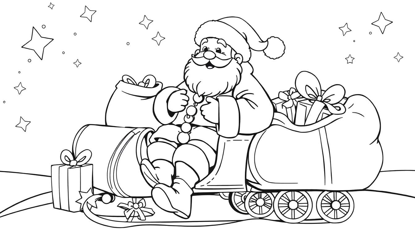 Papai Noel num trenó cheio de presentes, rodeado de estrelas, pronto para colorir num color panel.