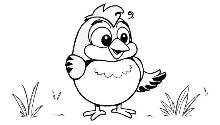 Um passarinho de desenho animado preto e branco pronto para ser colorido, com olhos grandes e um bico sorridente.