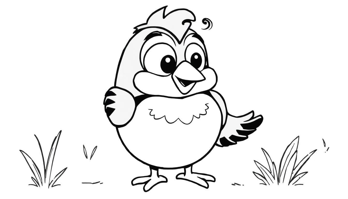 Um passarinho de desenho animado preto e branco pronto para ser colorido, com olhos grandes e um bico sorridente.