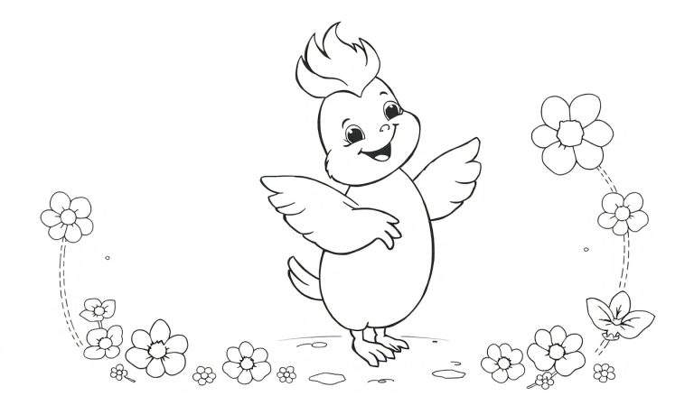 Um desenho em preto e branco de um passarinho feliz cercado por flores, como em um color panel.
