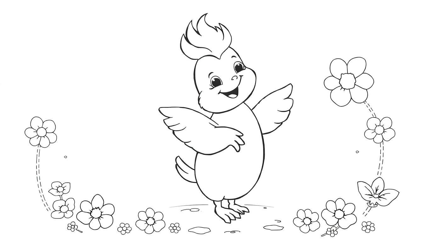 Um desenho em preto e branco de um passarinho feliz cercado por flores, como em um color panel.