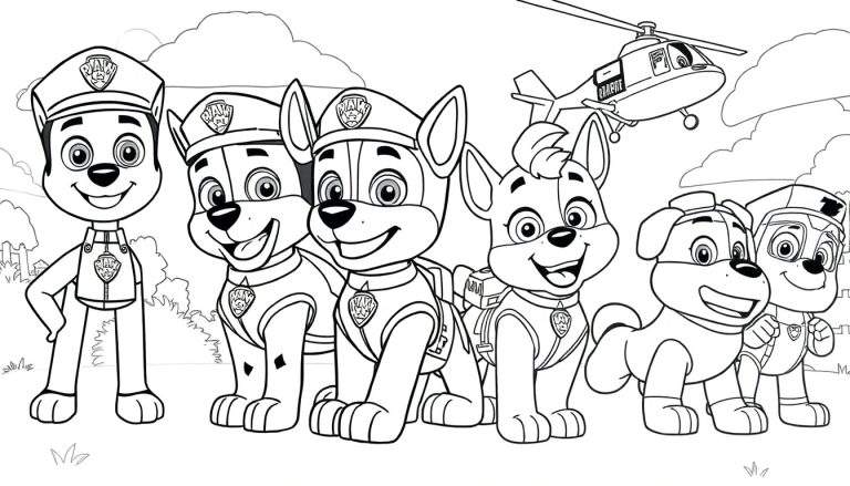 Ilustração em preto e branco de desenho animado da Patrulha Pata com cachorros e um helicóptero, pronta para colorir.