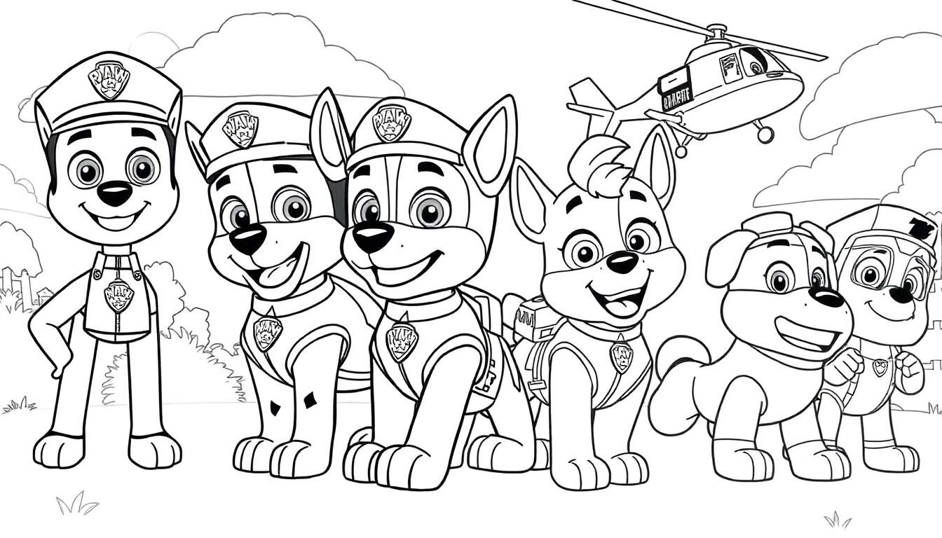 Ilustração em preto e branco de desenho animado da Patrulha Pata com cachorros e um helicóptero, pronta para colorir.