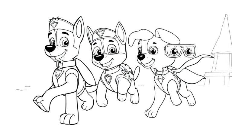 Desenho em preto e branco de Chase, Marshall e Skye da Patrulha Pata correndo juntos em um color panel.