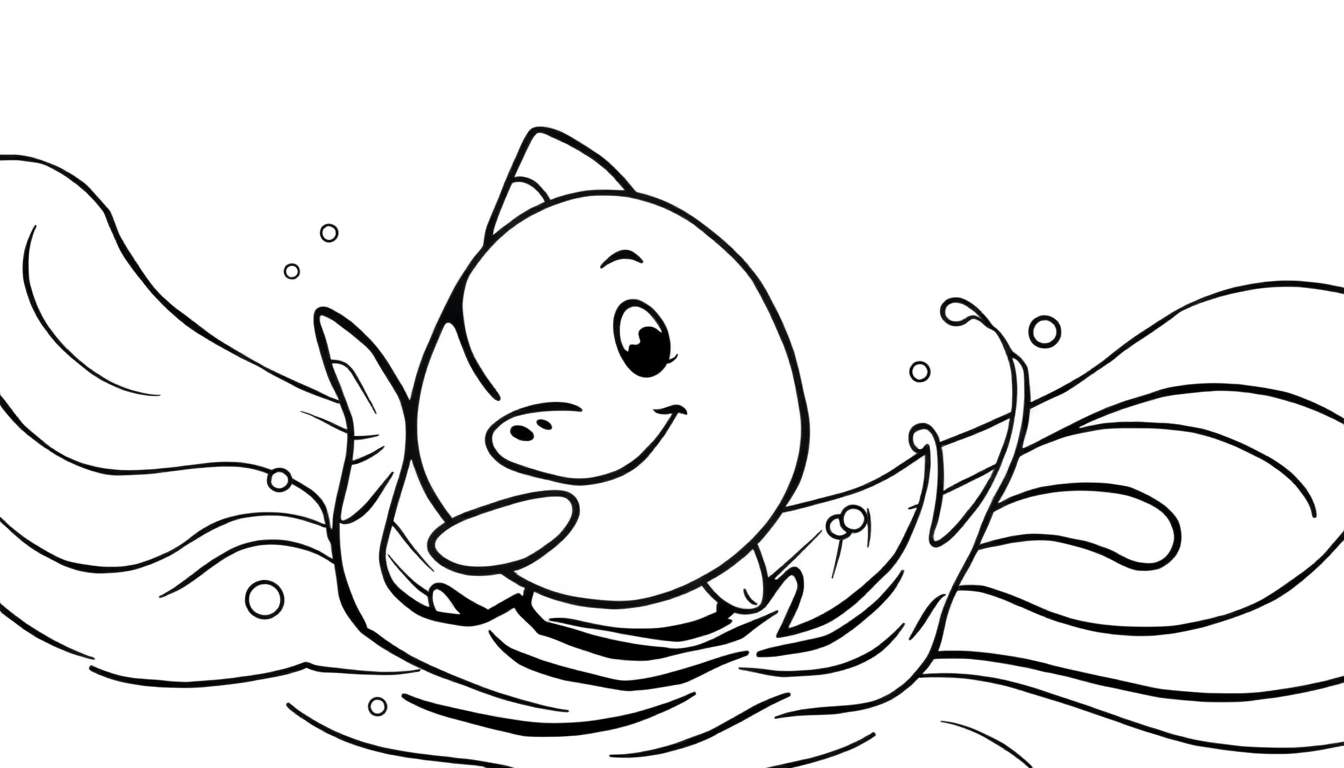 Um peixe sorridente em preto e branco em um color panel, com respingos e bolhas.