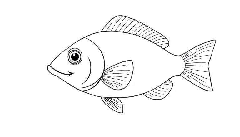 Desenho de um peixe feliz em preto e branco com olhos grandes, pronto para ser colorido. O color panel espera!