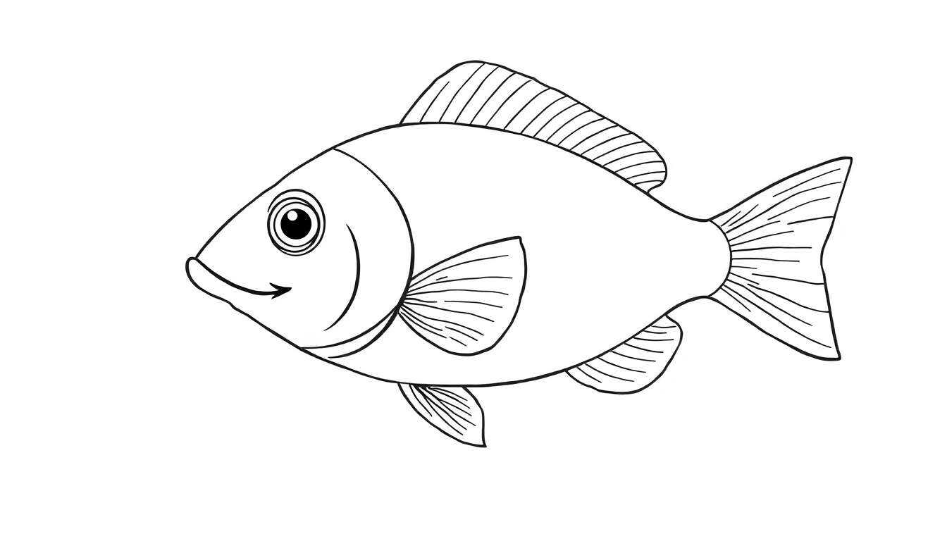 Desenho de um peixe feliz em preto e branco com olhos grandes, pronto para ser colorido. O color panel espera!