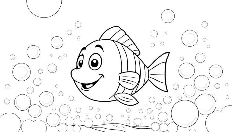 Um peixinho sorridente em estilo cartoon, cercado por bolhas de ar, em um desenho em preto e branco.