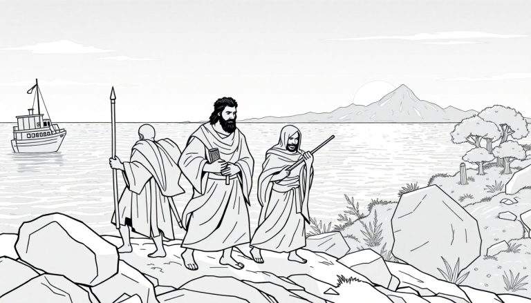 Ilustração em preto e branco de três homens com túnicas antigas numa costa rochosa, perto do mar, com um barco e montanhas ao longe. Um homem segura um livro, outro um bastão alto e o terceiro um bastão menor. O céu está nublado.