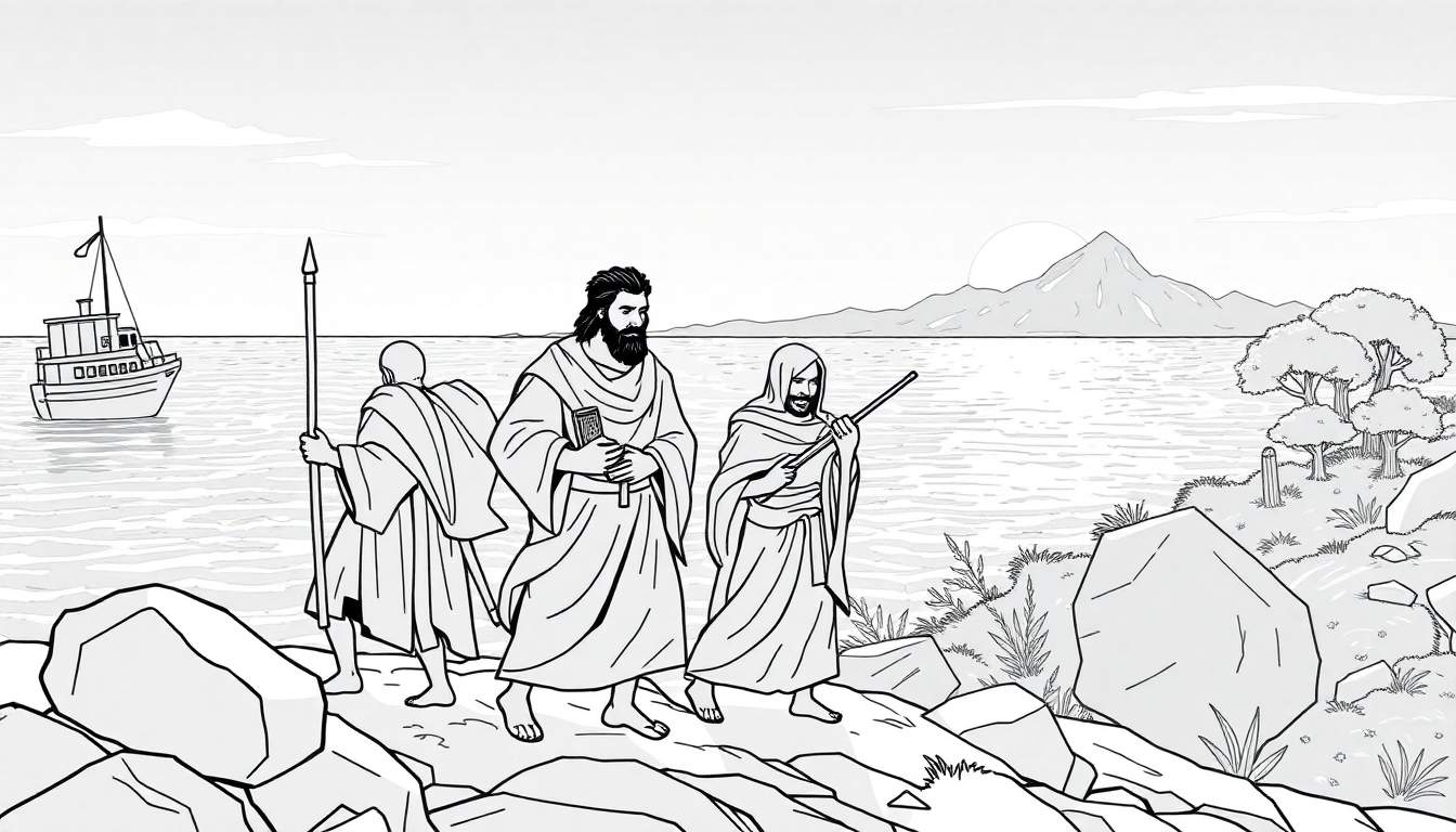 Ilustração em preto e branco de três homens com túnicas antigas numa costa rochosa, perto do mar, com um barco e montanhas ao longe. Um homem segura um livro, outro um bastão alto e o terceiro um bastão menor. O céu está nublado.