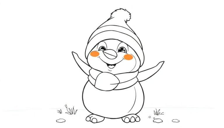 Um pinguim fofo sorrindo, vestindo um chapéu listrado e cachecol, com os braços abertos e bochechas coradas, em um cenário nevado. Ideal para colorir.