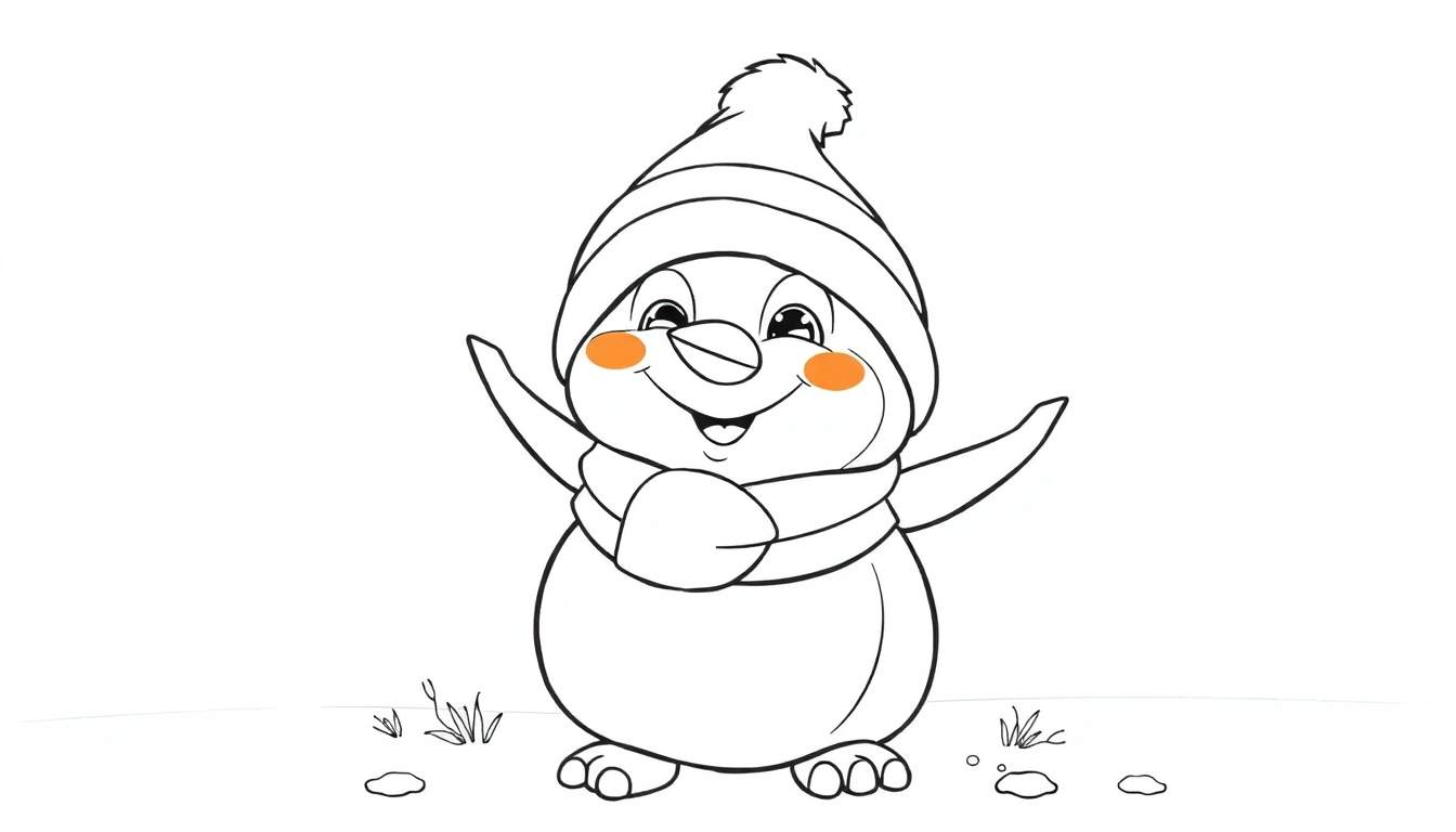Um pinguim fofo sorrindo, vestindo um chapéu listrado e cachecol, com os braços abertos e bochechas coradas, em um cenário nevado. Ideal para colorir.