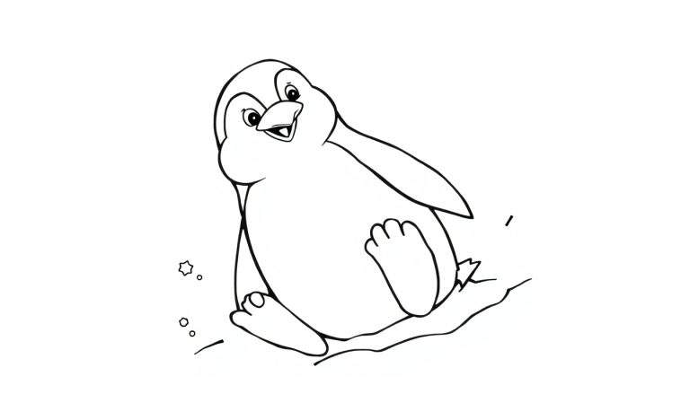 Um pinguim sorridente em preto e branco, desenhado em estilo de livro de colorir, sentado na neve com um pé levantado, com um toque caprichoso.