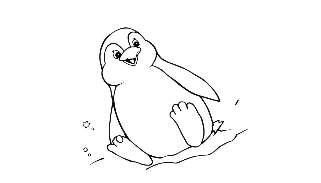 Um pinguim sorridente em preto e branco, desenhado em estilo de livro de colorir, sentado na neve com um pé levantado, com um toque caprichoso.