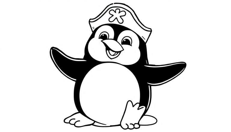 Um pinguim pirata sorridente com um chapéu de trevo para colorir em um color panel.
