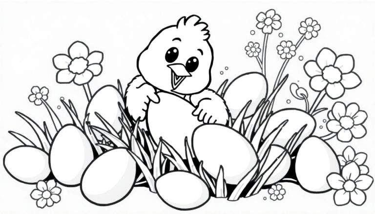 Um pintainho adorável cercado por ovos em um jardim com flores e grama alta, em um estilo de colorir a preto e branco. Inclui um color panel.