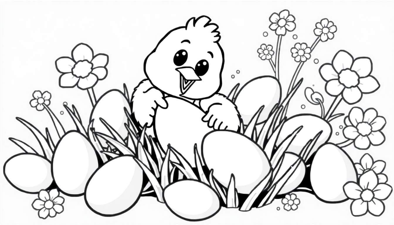 Um pintainho adorável cercado por ovos em um jardim com flores e grama alta, em um estilo de colorir a preto e branco. Inclui um color panel.