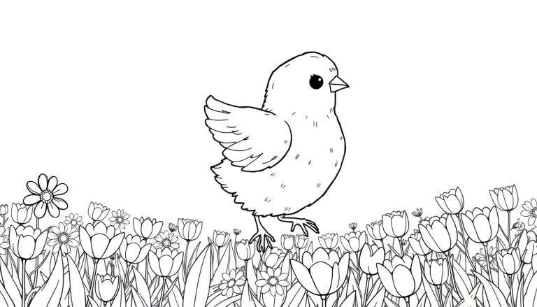 Um pintainho fofo com pontos no corpo, em pé num campo de flores preto e branco, pronto para ser colorido.