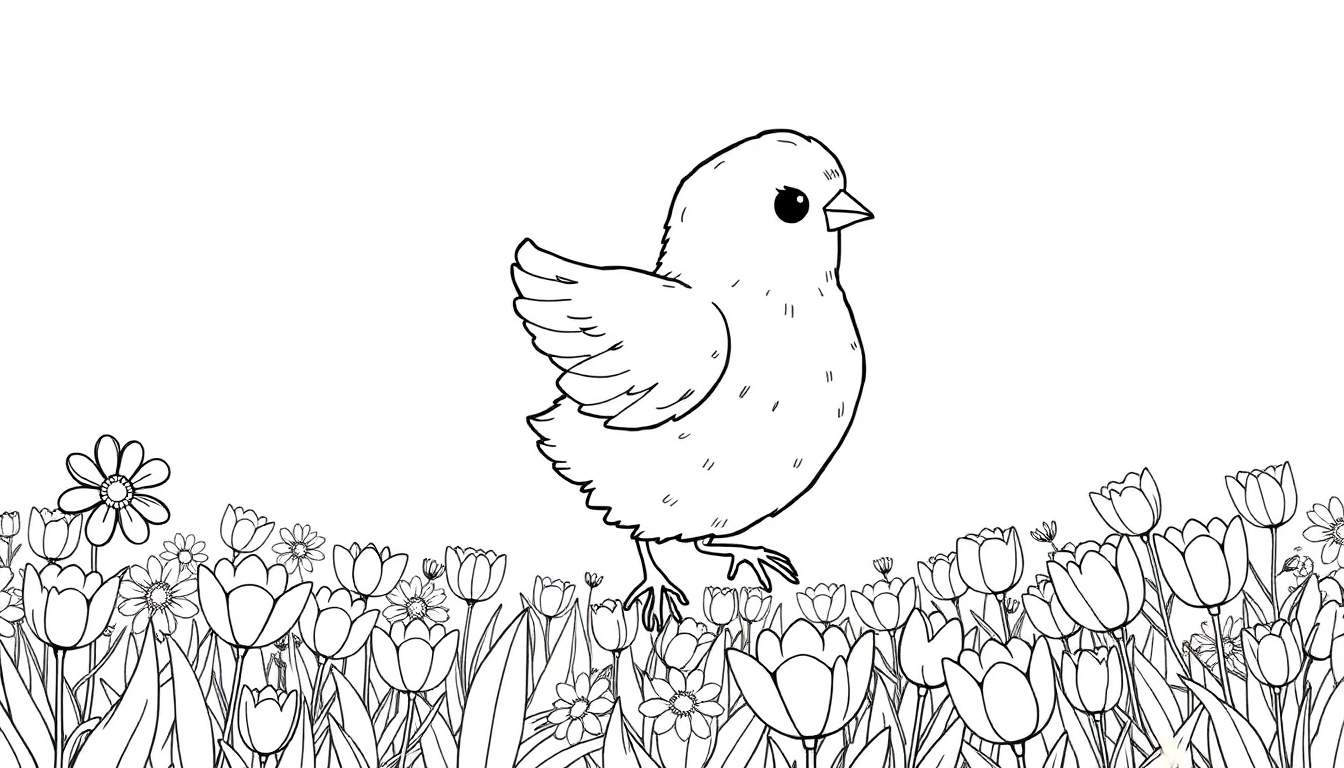 Um pintainho fofo com pontos no corpo, em pé num campo de flores preto e branco, pronto para ser colorido.