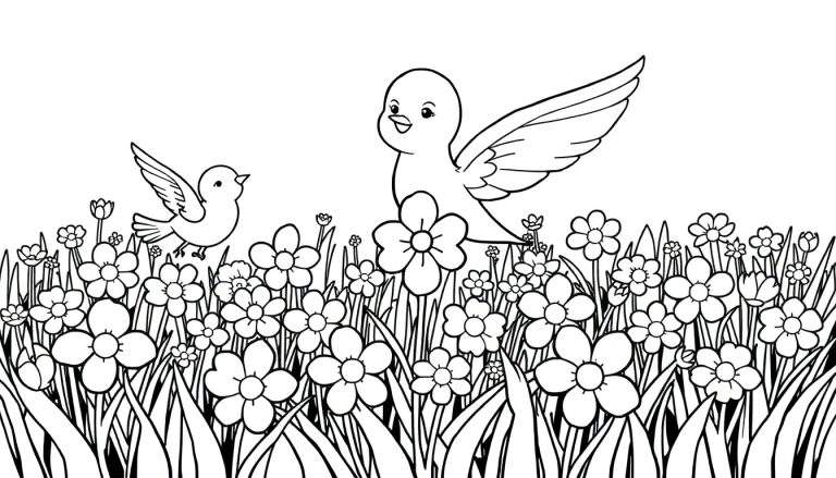 Passarinhos em um campo de flores para colorir no color panel.