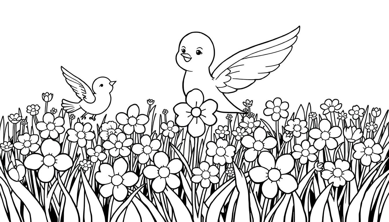 Passarinhos em um campo de flores para colorir no color panel.