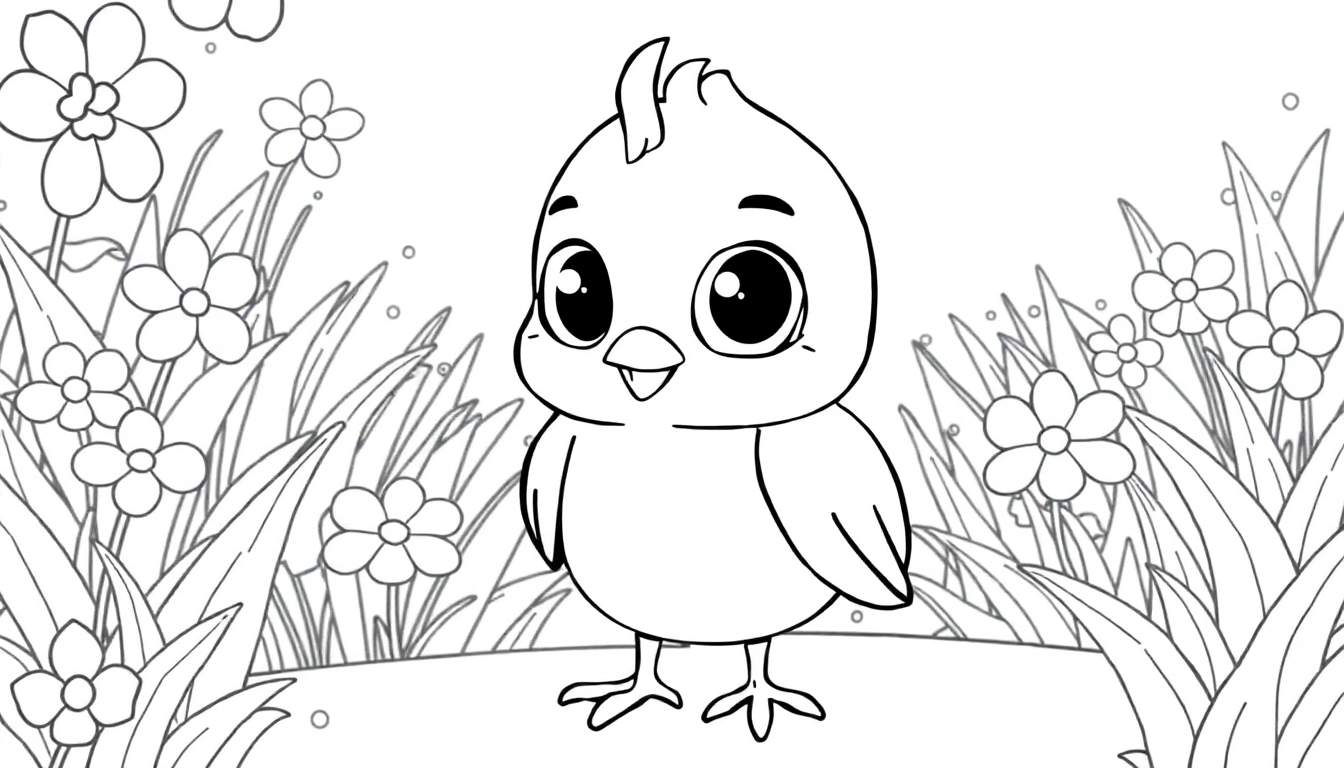 Um pintinho fofo em um campo de flores, pronto para colorir.