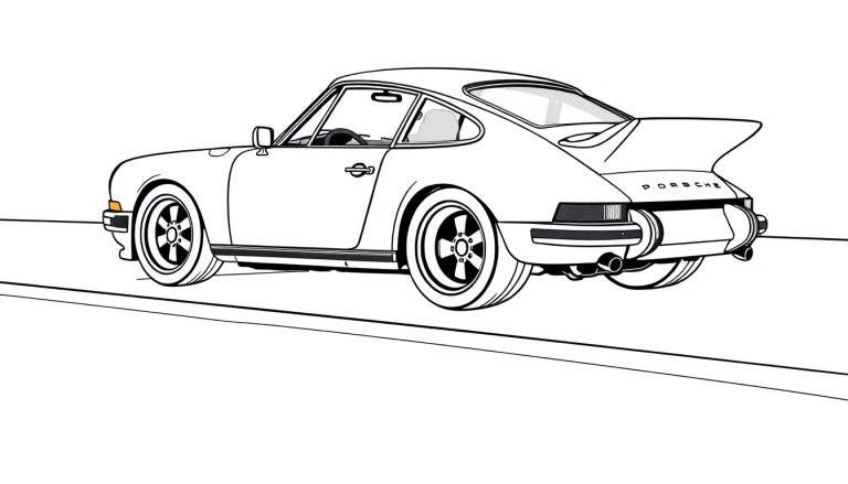 Um desenho em preto e branco de um carro Porsche clássico, visto de lado e traseira, com uma asa traseira proeminente e o nome PORSCHE escrito. O carro está em uma superfície plana e parece pronto para ser colorido em um color panel.