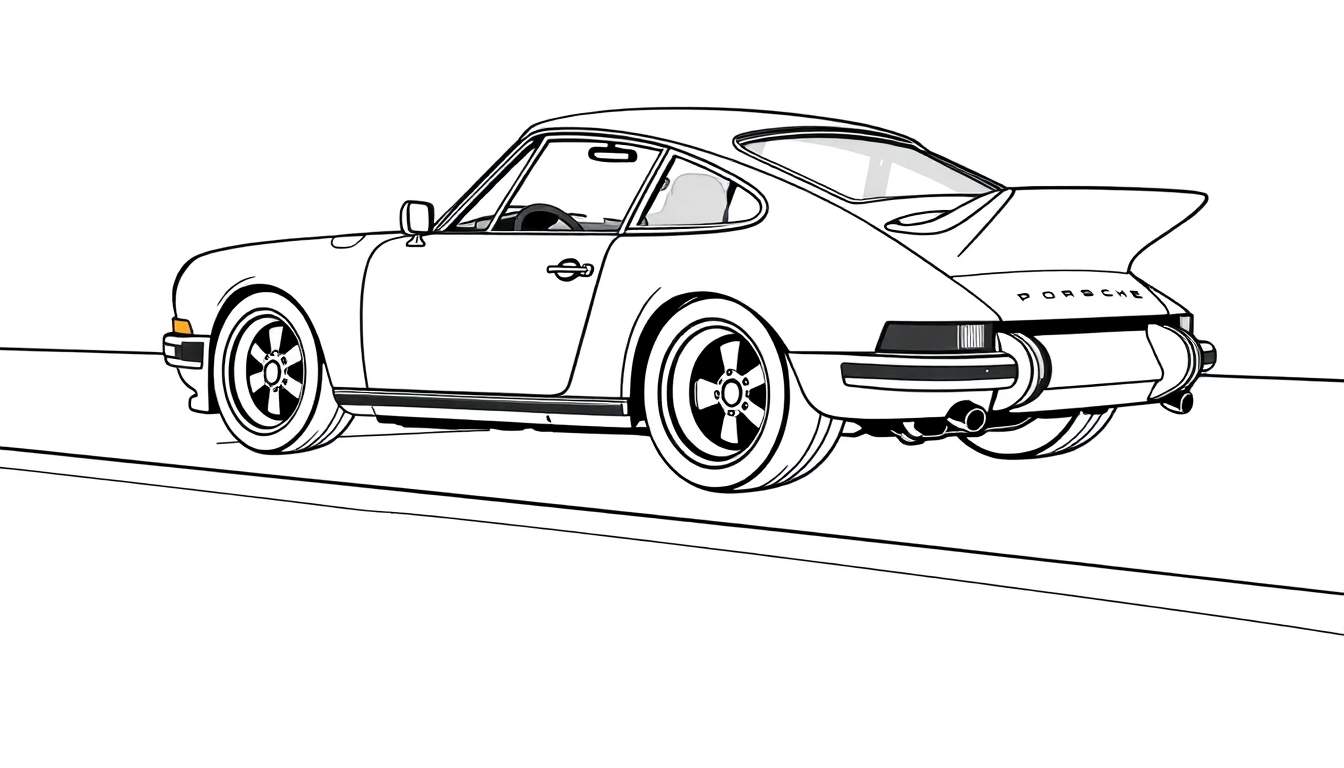 Um desenho em preto e branco de um carro Porsche clássico, visto de lado e traseira, com uma asa traseira proeminente e o nome PORSCHE escrito. O carro está em uma superfície plana e parece pronto para ser colorido em um color panel.