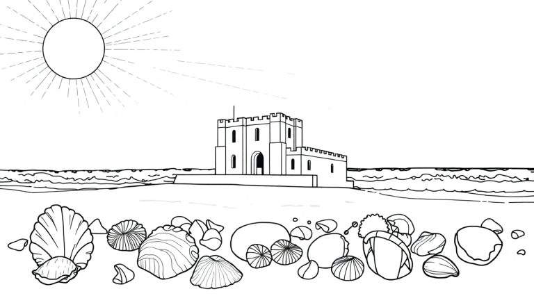 Ilustração em preto e branco de um castelo de areia na praia com um sol radiante e conchas no chão, perfeita para colorir em um color panel.
