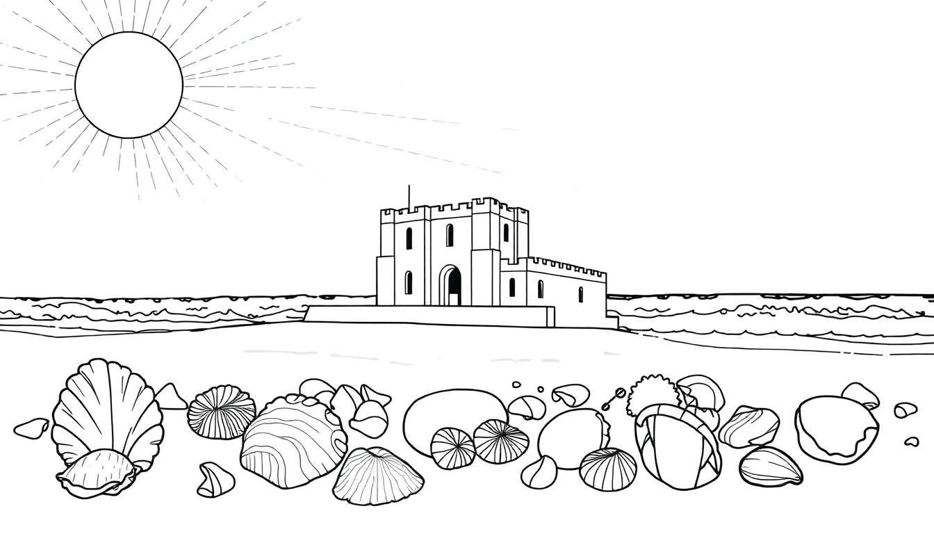 Ilustração em preto e branco de um castelo de areia na praia com um sol radiante e conchas no chão, perfeita para colorir em um color panel.