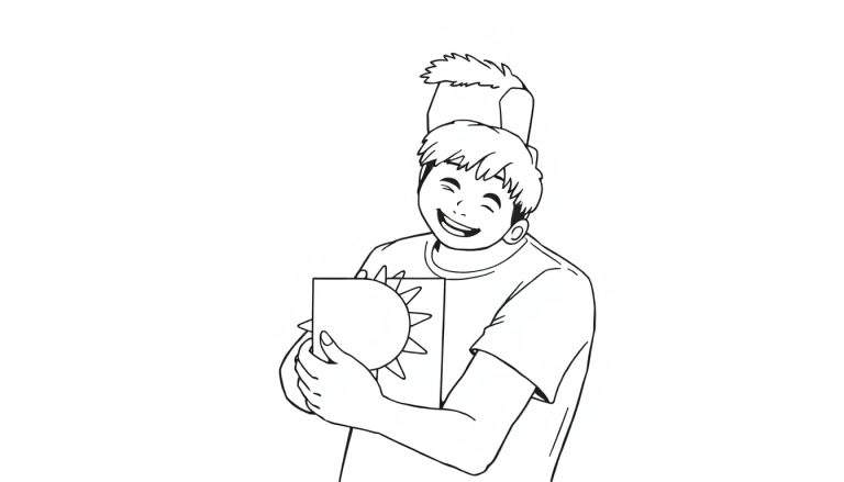 Desenho em preto e branco de um menino sorrindo, segurando um presente com um sol desenhado e usando um chapéu engraçado. Inclui 'color panel'.