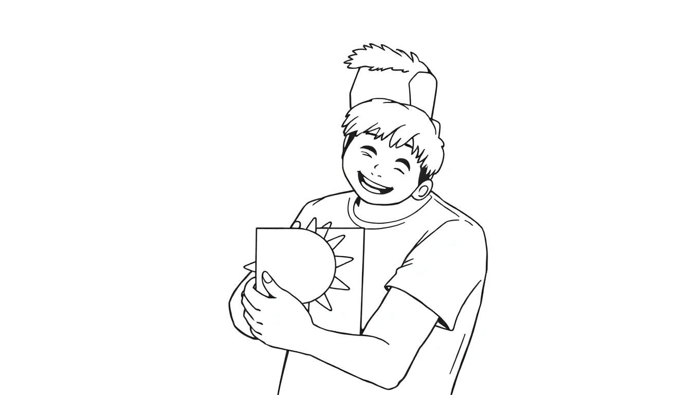 Desenho em preto e branco de um menino sorrindo, segurando um presente com um sol desenhado e usando um chapéu engraçado. Inclui 'color panel'.