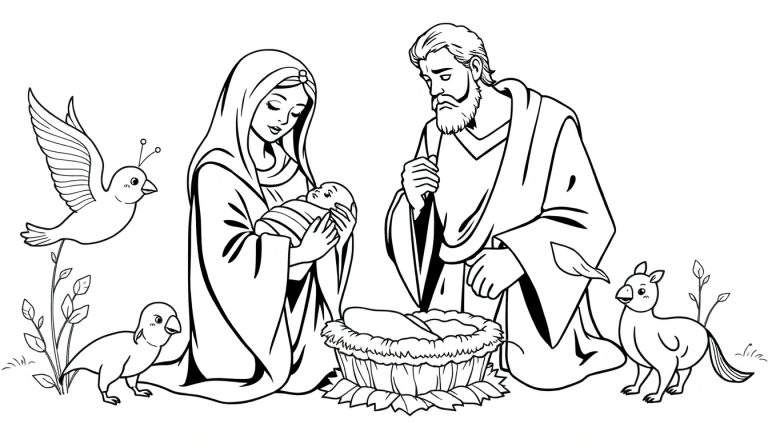 Um color panel preto e branco de uma cena de presépio com Maria, José e o menino Jesus, com pássaros e um burro. Esta é uma imagem para colorir.