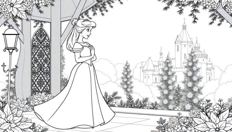 Ilustração em preto e branco de uma princesa em frente a um castelo, com detalhes ornamentados, ideal para um color panel.