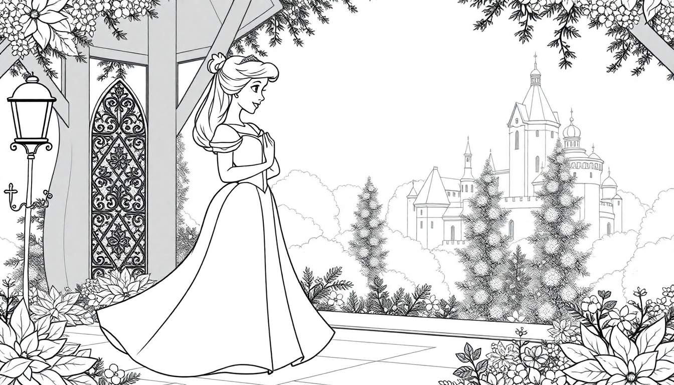 Ilustração em preto e branco de uma princesa em frente a um castelo, com detalhes ornamentados, ideal para um color panel.