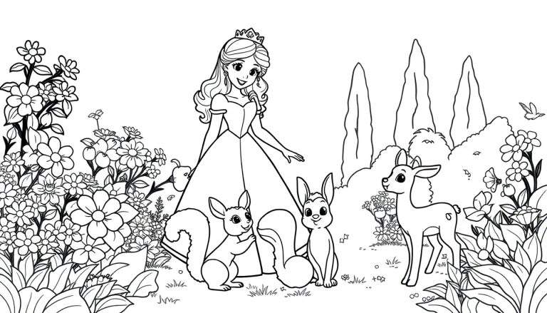 Ilustração em preto e branco de uma princesa em um vestido esvoaçante e coroa, rodeada por um esquilo, um coelho, um cervo fofo e um pássaro voando, com flores e ciprestes ao fundo, para colorir.